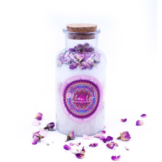 BATH SALTS with DAMASK ROSE BUDS in Glass Jar Cork Top