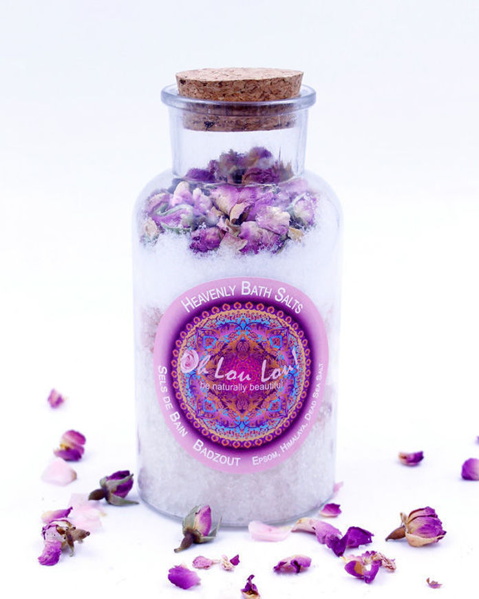 BATH SALTS with DAMASK ROSE BUDS in Glass Jar Cork Top