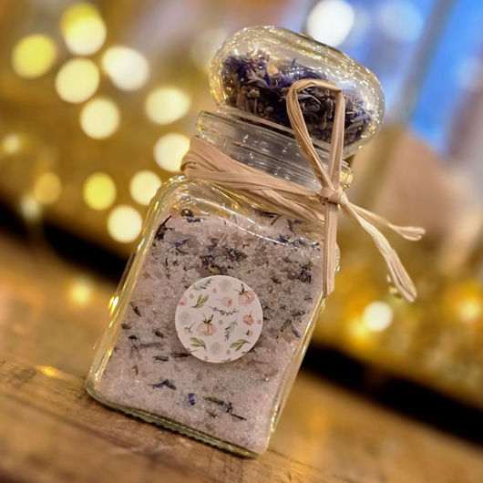 Patchouli and Lavender bath salts with organic patchouli and lavender essential oils